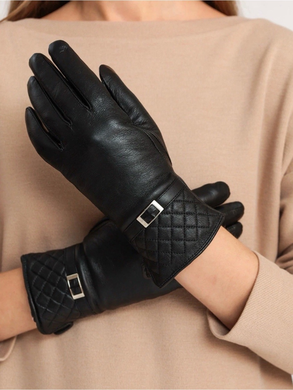 Women's Black Quilted Leather Gloves with Silver Buckle Accent